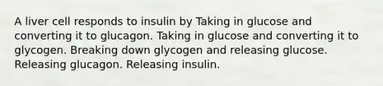 A liver cell responds to insulin by Taking in glucose and converting it to glucagon. Taking in glucose and converting it to glycogen. Breaking down glycogen and releasing glucose. Releasing glucagon. Releasing insulin.