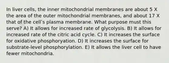 In liver cells, the inner mitochondrial membranes are about 5 X the area of the outer mitochondrial membranes, and about 17 X that of the cellʹs plasma membrane. What purpose must this serve? A) It allows for increased rate of glycolysis. B) It allows for increased rate of the citric acid cycle. C) It increases the surface for oxidative phosphoryation. D) It increases the surface for substrate-level phosphorylation. E) It allows the liver cell to have fewer mitochondria.