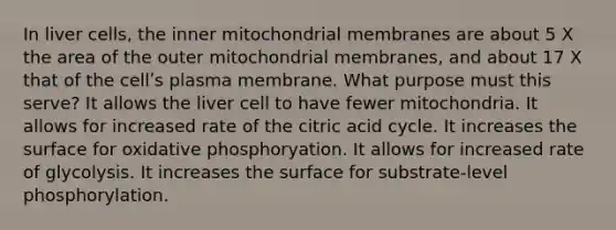 In liver cells, the inner mitochondrial membranes are about 5 X the area of the outer mitochondrial membranes, and about 17 X that of the cellʹs plasma membrane. What purpose must this serve? It allows the liver cell to have fewer mitochondria. It allows for increased rate of the citric acid cycle. It increases the surface for oxidative phosphoryation. It allows for increased rate of glycolysis. It increases the surface for substrate-level phosphorylation.