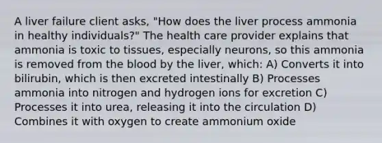 A liver failure client asks, "How does the liver process ammonia in healthy individuals?" The health care provider explains that ammonia is toxic to tissues, especially neurons, so this ammonia is removed from the blood by the liver, which: A) Converts it into bilirubin, which is then excreted intestinally B) Processes ammonia into nitrogen and hydrogen ions for excretion C) Processes it into urea, releasing it into the circulation D) Combines it with oxygen to create ammonium oxide