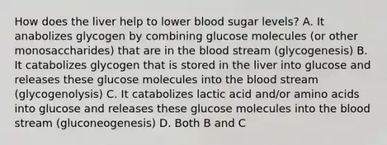 How does the liver help to lower blood sugar levels? A. It anabolizes glycogen by combining glucose molecules (or other monosaccharides) that are in <a href='https://www.questionai.com/knowledge/k7oXMfj7lk-the-blood' class='anchor-knowledge'>the blood</a> stream (glycogenesis) B. It catabolizes glycogen that is stored in the liver into glucose and releases these glucose molecules into the blood stream (glycogenolysis) C. It catabolizes lactic acid and/or <a href='https://www.questionai.com/knowledge/k9gb720LCl-amino-acids' class='anchor-knowledge'>amino acids</a> into glucose and releases these glucose molecules into the blood stream (gluconeogenesis) D. Both B and C