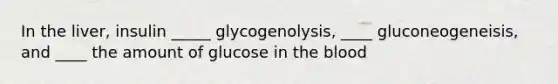 In the liver, insulin _____ glycogenolysis, ____ gluconeogeneisis, and ____ the amount of glucose in the blood