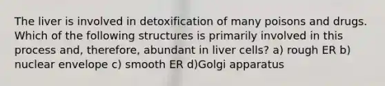 The liver is involved in detoxification of many poisons and drugs. Which of the following structures is primarily involved in this process and, therefore, abundant in liver cells? a) rough ER b) nuclear envelope c) smooth ER d)Golgi apparatus