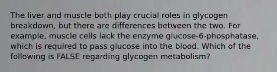 The liver and muscle both play crucial roles in glycogen breakdown, but there are differences between the two. For example, muscle cells lack the enzyme glucose-6-phosphatase, which is required to pass glucose into the blood. Which of the following is FALSE regarding glycogen metabolism?