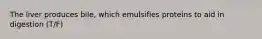 The liver produces bile, which emulsifies proteins to aid in digestion (T/F)