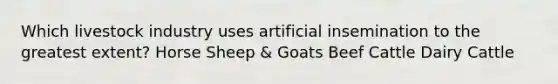 Which livestock industry uses artificial insemination to the greatest extent? Horse Sheep & Goats Beef Cattle Dairy Cattle