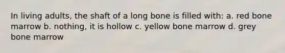 In living adults, the shaft of a long bone is filled with: a. red bone marrow b. nothing, it is hollow c. yellow bone marrow d. grey bone marrow