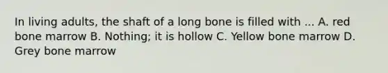 In living adults, the shaft of a long bone is filled with ... A. red bone marrow B. Nothing; it is hollow C. Yellow bone marrow D. Grey bone marrow