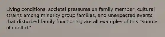 Living conditions, societal pressures on family member, cultural strains among minority group families, and unexpected events that disturbed family functioning are all examples of this "source of conflict"