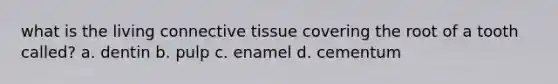 what is the living connective tissue covering the root of a tooth called? a. dentin b. pulp c. enamel d. cementum