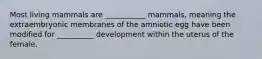 Most living mammals are ___________ mammals, meaning the extraembryonic membranes of the amniotic egg have been modified for __________ development within the uterus of the female.