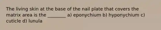 The living skin at the base of the nail plate that covers the matrix area is the ________ a) eponychium b) hyponychium c) cuticle d) lunula