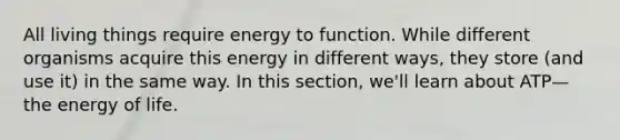 All living things require energy to function. While different organisms acquire this energy in different ways, they store (and use it) in the same way. In this section, we'll learn about ATP—the energy of life.