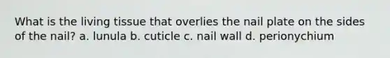 What is the living tissue that overlies the nail plate on the sides of the nail? a. lunula b. cuticle c. nail wall d. perionychium