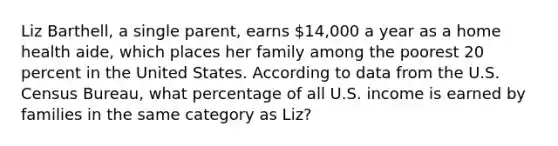 Liz Barthell, a single parent, earns 14,000 a year as a home health aide, which places her family among the poorest 20 percent in the United States. According to data from the U.S. Census Bureau, what percentage of all U.S. income is earned by families in the same category as Liz?