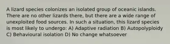 A lizard species colonizes an isolated group of oceanic islands. There are no other lizards there, but there are a wide range of unexploited food sources. In such a situation, this lizard species is most likely to undergo: A) Adaptive radiation B) Autopolyploidy C) Behavioural isolation D) No change whatsoever