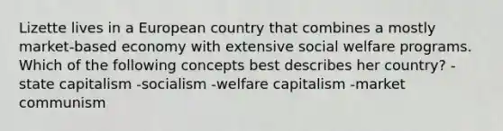 Lizette lives in a European country that combines a mostly market-based economy with extensive social welfare programs. Which of the following concepts best describes her country? -state capitalism -socialism -welfare capitalism -market communism