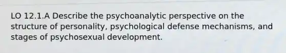 LO 12.1.A Describe the psychoanalytic perspective on the structure of personality, psychological defense mechanisms, and stages of psychosexual development.