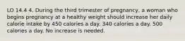 LO 14.4 4. During the third trimester of pregnancy, a woman who begins pregnancy at a healthy weight should increase her daily calorie intake by 450 calories a day. 340 calories a day. 500 calories a day. No increase is needed.