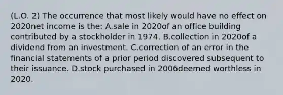 (L.O. 2) The occurrence that most likely would have no effect on 2020net income is the: A.sale in 2020of an office building contributed by a stockholder in 1974. B.collection in 2020of a dividend from an investment. C.correction of an error in the financial statements of a prior period discovered subsequent to their issuance. D.stock purchased in 2006deemed worthless in 2020.