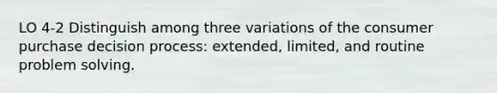 LO 4-2 Distinguish among three variations of the consumer purchase decision process: extended, limited, and routine problem solving.