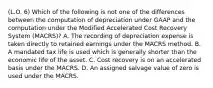 (L.O. 6) Which of the following is not one of the differences between the computation of depreciation under GAAP and the computation under the Modified Accelerated Cost Recovery System (MACRS)? A. The recording of depreciation expense is taken directly to retained earnings under the MACRS method. B. A mandated tax life is used which is generally shorter than the economic life of the asset. C. Cost recovery is on an accelerated basis under the MACRS. D. An assigned salvage value of zero is used under the MACRS.