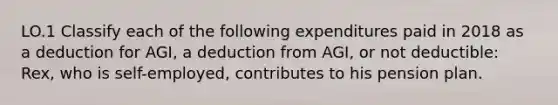 LO.1 Classify each of the following expenditures paid in 2018 as a deduction for AGI, a deduction from AGI, or not deductible: Rex, who is self-employed, contributes to his pension plan.