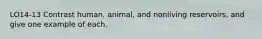 LO14-13 Contrast human, animal, and nonliving reservoirs, and give one example of each.