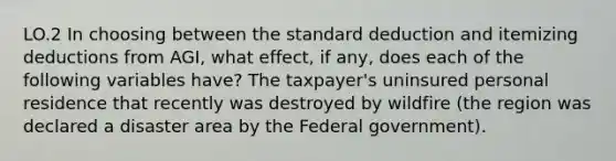 LO.2 In choosing between the standard deduction and itemizing deductions from AGI, what effect, if any, does each of the following variables have? The taxpayer's uninsured personal residence that recently was destroyed by wildfire (the region was declared a disaster area by the Federal government).