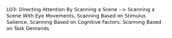 LO3: Directing Attention By Scanning a Scene --> Scanning a Scene With Eye Movements, Scanning Based on Stimulus Salience, Scanning Based on Cognitive Factors, Scanning Based on Task Demands.