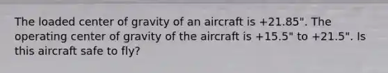 The loaded center of gravity of an aircraft is +21.85". The operating center of gravity of the aircraft is +15.5" to +21.5". Is this aircraft safe to fly?