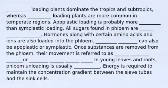 __________ loading plants dominate the tropics and subtropics, whereas __________ loading plants are more common in temperate regions. Apoplastic loading is probably more _________ than symplastic loading. All sugars found in phloem are ______ ______ ________. Hormones along with certain amino acids and ions are also loaded into the phloem. _________ ________ can also be apoplastic or symplastic. Once substances are removed from the phloem, their movement is referred to as ______ ________ _______or ________ ______ ______ _____ In young leaves and roots, phloem unloading is usually ___________. Energy is required to maintain the concentration gradient between the sieve tubes and the sink cells.