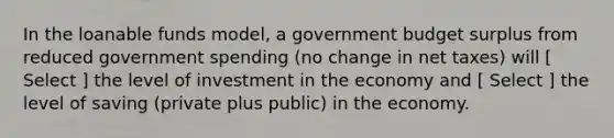 In the loanable funds model, a government budget surplus from reduced government spending (no change in net taxes) will [ Select ] the level of investment in the economy and [ Select ] the level of saving (private plus public) in the economy.