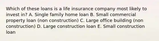 Which of these loans is a life insurance company most likely to invest in? A. Single family home loan B. Small commercial property loan (non construction) C. Large office building (non construction) D. Large construction loan E. Small construction loan