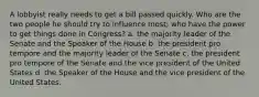 A lobbyist really needs to get a bill passed quickly. Who are the two people he should try to influence most; who have the power to get things done in Congress? a. the majority leader of the Senate and the Speaker of the House b. the president pro tempore and the majority leader of the Senate c. the president pro tempore of the Senate and the vice president of the United States d. the Speaker of the House and the vice president of the United States.