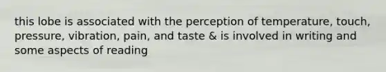 this lobe is associated with the perception of temperature, touch, pressure, vibration, pain, and taste & is involved in writing and some aspects of reading