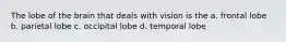 The lobe of the brain that deals with vision is the a. frontal lobe b. parietal lobe c. occipital lobe d. temporal lobe