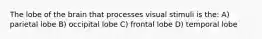 The lobe of the brain that processes visual stimuli is the: A) parietal lobe B) occipital lobe C) frontal lobe D) temporal lobe