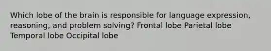 Which lobe of the brain is responsible for language expression, reasoning, and problem solving? Frontal lobe Parietal lobe Temporal lobe Occipital lobe