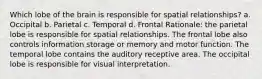 Which lobe of the brain is responsible for spatial relationships? a. Occipital b. Parietal c. Temporal d. Frontal Rationale: the parietal lobe is responsible for spatial relationships. The frontal lobe also controls information storage or memory and motor function. The temporal lobe contains the auditory receptive area. The occipital lobe is responsible for visual interpretation.
