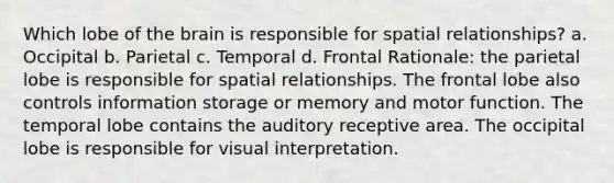 Which lobe of the brain is responsible for spatial relationships? a. Occipital b. Parietal c. Temporal d. Frontal Rationale: the parietal lobe is responsible for spatial relationships. The frontal lobe also controls information storage or memory and motor function. The temporal lobe contains the auditory receptive area. The occipital lobe is responsible for visual interpretation.