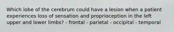 Which lobe of the cerebrum could have a lesion when a patient experiences loss of sensation and proprioception in the left upper and lower limbs? - frontal - parietal - occipital - temporal