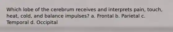 Which lobe of the cerebrum receives and interprets pain, touch, heat, cold, and balance impulses? a. Frontal b. Parietal c. Temporal d. Occipital