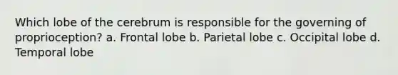 Which lobe of the cerebrum is responsible for the governing of proprioception? a. Frontal lobe b. Parietal lobe c. Occipital lobe d. Temporal lobe