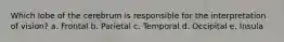 Which lobe of the cerebrum is responsible for the interpretation of vision? a. Frontal b. Parietal c. Temporal d. Occipital e. Insula