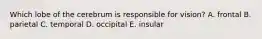 Which lobe of the cerebrum is responsible for vision? A. frontal B. parietal C. temporal D. occipital E. insular