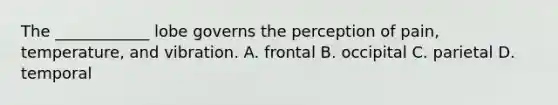 The ____________ lobe governs the perception of pain, temperature, and vibration. A. frontal B. occipital C. parietal D. temporal