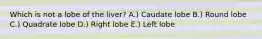 Which is not a lobe of the liver? A.) Caudate lobe B.) Round lobe C.) Quadrate lobe D.) Right lobe E.) Left lobe