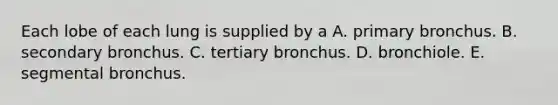 Each lobe of each lung is supplied by a A. primary bronchus. B. secondary bronchus. C. tertiary bronchus. D. bronchiole. E. segmental bronchus.