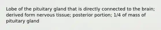 Lobe of the pituitary gland that is directly connected to the brain; derived form nervous tissue; posterior portion; 1/4 of mass of pituitary gland